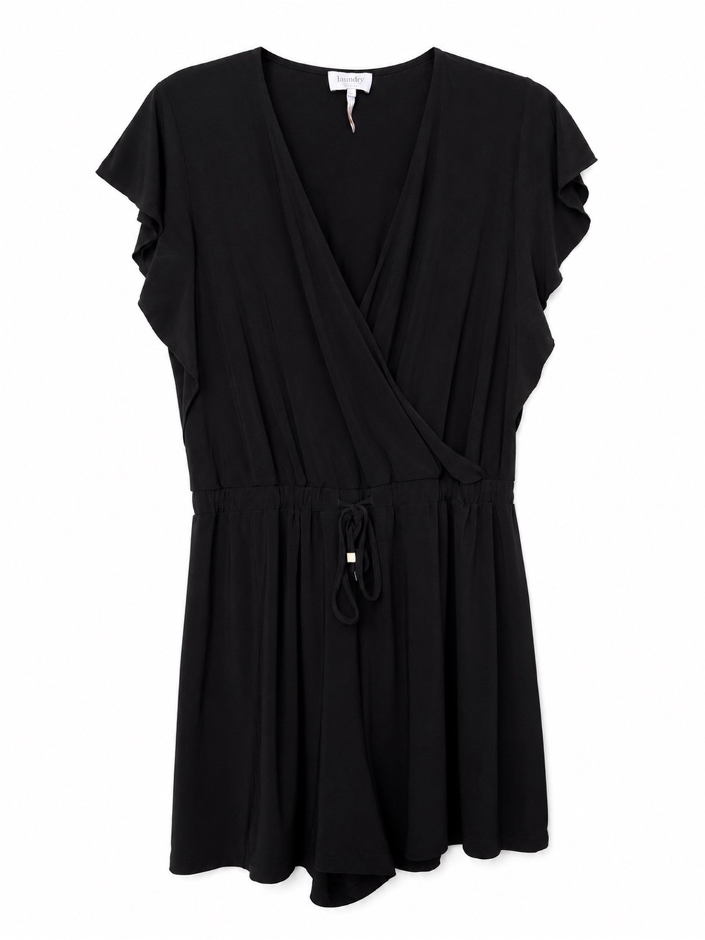 Laundry By Shelli Segal Black Wrap-Front Romper with Flutter Sleeves